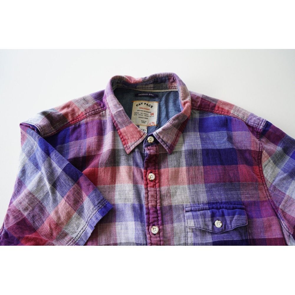 Fat Face Shirt Mens XXL Blue Red‎ Purp Plaid Short Sleeve Button Up Chest Pocket